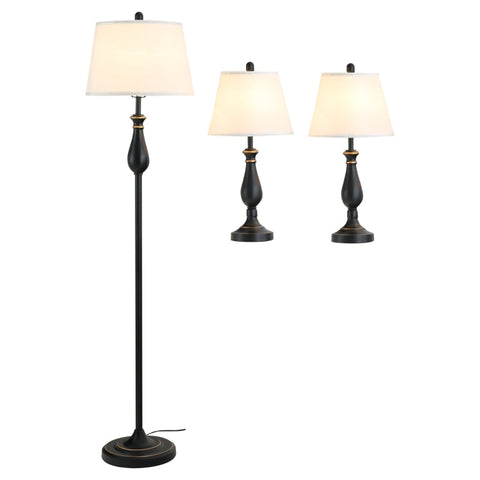 Rootz 3-piece Lamp Set - 2 Table Lamps - 1 Floor Lamp - Vintage - Living Room - Bedroom - Black+white