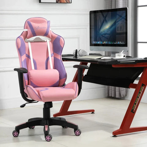 Rootz Ergonomic Gaming Chair - Office Chair - Swivel Chair - Adjustable - Massage Lumbar Cushion - Height Adjustable - Pink + Purple - 69x56x125.5 cm