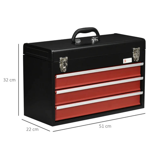 Rootz Tool Box - 3 Drawers - Lockable - Portable Toolbox - Steel Housing - Ball Bearing Runners - Steel - Black+red - 51 X 22 X 32 cm