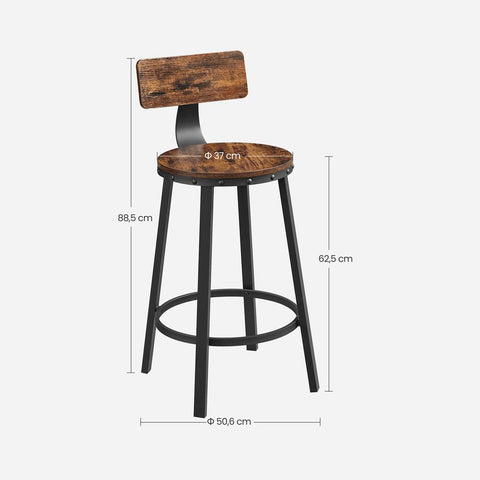 Rootz Set Of 2 Bar Stools - Bar Chair - Industrial Design - Stable - Comfortable For Sitting - Rustic Style - Chipboard - Steel - Vintage Brown-black - 0.6 x 88.5 cm (Ø x H)