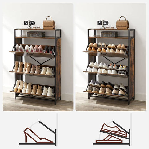 Rootz Shoe Cabinet - 3 Flaps Shoe Cabinet - Shoe Rack Cabinet - Shoe Storage Cabinet - Standing Shoe Cabinet - Chipboard/Steel - Vintage Brown-Black - 80 x 30 x 130 cm