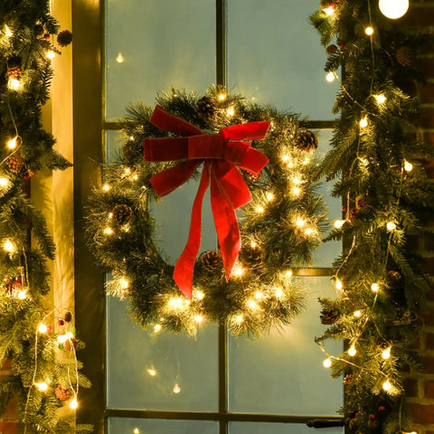 Rootz Christmas Wreath - Artificial Christmas - Front Door Mantel - LED Lights - Warm White - Door Wreath - Green - Ø60 x 10H cm