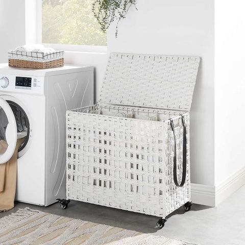 Rootz Laundry Basket - Laundry Basket Hand-woven - Clothes Hamper - Laundry Storage - Laundry Organization - Wicker Laundry Basket - Laundry Sorter - Laundry Bag - White - 66 x 35 x 60.5 cm (L x W x H)