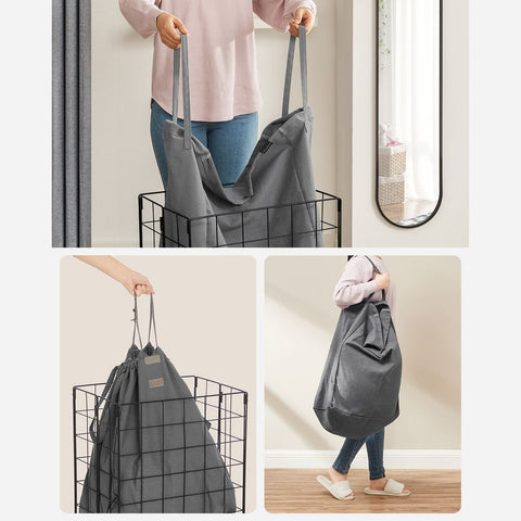 Rootz Laundry Basket - Laundry Basket With Removable Bag - Clothes Basket - Plastic Laundry Basket - Steel - Cotton-polyester Blend - Black-grey - 48 x 33 x 58 cm (L x W x H)