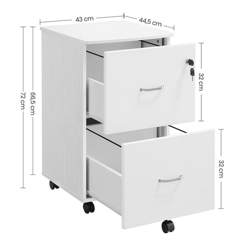 Rootz Mobile Container - Mobile Container With 2 Large Drawers - 2- Drawer Mobile Container - Storage Container With Wheels - Mobile Office Cabinet - White - 44.5 x 43 x 72 cm
