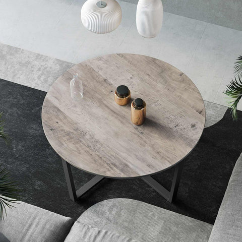 Rootz Living Room Table - Coffee Table - Round Coffee Table - Round Table - Tea Table - Chipboard/Steel - Greige/Black - 88 x 88 x 47 cm