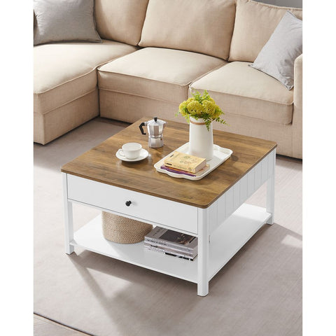 Rootz Coffee Table - Coffee Table With 2 Drawers - Coffee Table With Storage - 2-Drawer Coffee Table - Wooden Coffee Table With Drawers - Walnut Brown And White - 80 x 80 x 45 cm