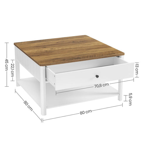 Rootz Coffee Table - Coffee Table With 2 Drawers - Coffee Table With Storage - 2-Drawer Coffee Table - Wooden Coffee Table With Drawers - Walnut Brown And White - 80 x 80 x 45 cm