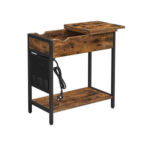 Rootz Side Table - Bedside Table - Side Table With Sockets - Living Room Table - Chipboard/Steel Frame/Fabric Bag - Vintage Brown-Black