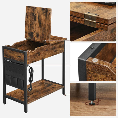 Rootz Side Table - Bedside Table - Side Table With Sockets - Living Room Table - Chipboard/Steel Frame/Fabric Bag - Vintage Brown-Black