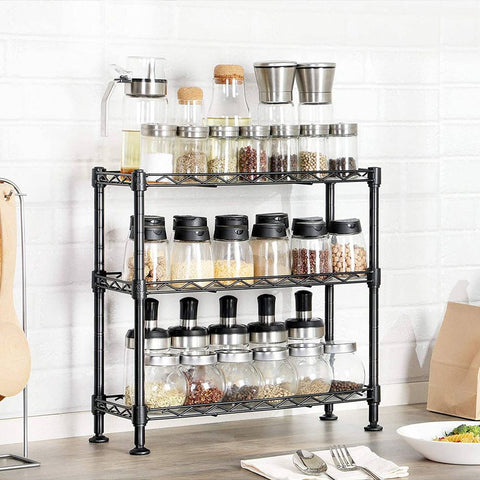 Rootz Spice Rack - Spice Rack With 3 Levels - Wooden Spice Rack - Wall-mounted Spice Organizer - Adjustable Three-tier Spice Shelf - PP Plastic Board - Black - 40 x 15 x 39.5 cm (L x W x H)