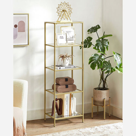 Rootz Standing Shelf - Stand Shelf With 5 Glass Shelves - Shelving Unit - 5 Tier Standing Shelf - Steel/Tempered Glass - Gold - 40 x 30 x 124.5 cm