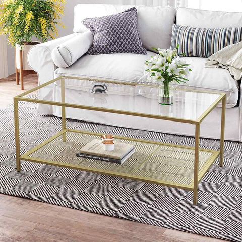 Rootz Coffee Table - Coffee Table With Tempered Glass - Modern Coffee Table - Industrial Coffee Table - Round Coffee Table - Oval Coffee Table - Outdoor Coffee Table - Gold-Transparent - 106 x 55 x 45 cm (L x W x H)