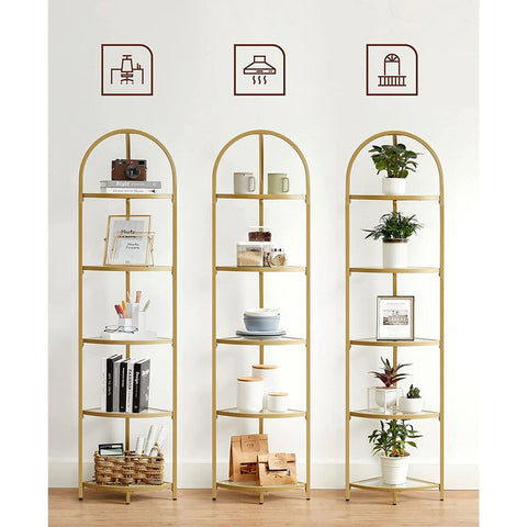 Rootz Corner Shelf - 5 Levels Corner Shelf - Corner Bookshelf - Metal Corner Shelf - Corner Storage Shelf - Glass/Metal - Gold - 28 x 28 x 158 cm