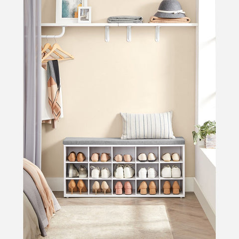 Rootz Shoe Bench - Shoe Bench With 15 Compartments - Shoe Rack Bench - Shoe Storage Bench - Entryway Shoe Bench - Wooden Shoe Bench - Chipboard - Foam - White-grey - 105 x 30 x 48 cm (L x W x H)