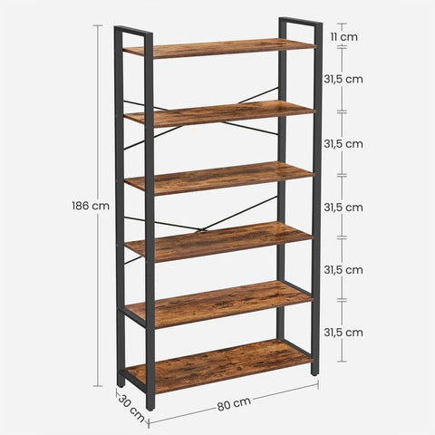 Rootz Bookcase - Bookshelf - 6 Levels Bookshelf - Floor-standing Bookshelf - Open Bookshelf - Book Rack - Chipboard/Steel - Vintage Brown-Black - 80 x 30 x 186 cm