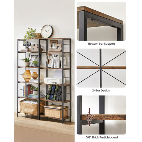Rootz Bookcase - Bookcase With 6 Levels - Bookshelf - Wooden Bookcase - Modern Bookcase - Wall-mounted Bookcase - Chipboard - Steel - 30 x 120 x 172.5 cm (D x W x H)