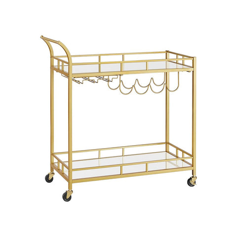 Rootz Serving Trolley - Serving Trolley With Glass Plates - Bar Cart - Rolling Serving Trolley - Kitchen Trolley - Stylish Serving Trolley - Industrial Serving Trolley - Steel - Mirrored Glass - Gold - 80 x 38 x 77.5 cm (L x W x H)
