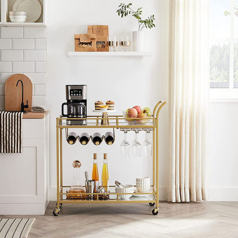 Rootz Serving Trolley - Serving Trolley With Glass Plates - Bar Cart - Rolling Serving Trolley - Kitchen Trolley - Stylish Serving Trolley - Industrial Serving Trolley - Steel - Mirrored Glass - Gold - 80 x 38 x 77.5 cm (L x W x H)