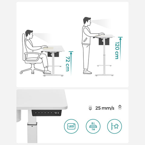Rootz Height-Adjustable Desk - Standing Desk - Gaming Desk - Electric Desk - Manual Height-Adjustable Desk - White - 60 x 120 x (72-120) cm (D x W x H)