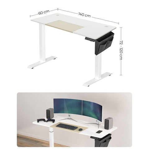 Rootz Height-Adjustable Desk - Manual Height-Adjustable Desk - Electric Desk - Standing Desk - Gaming Desk - White - 60 x 140 x (72-120) cm (D x W x H)