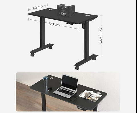 Rootz Desk - Electric Height-adjustable Desk - Electric Table - Dual Motor - Chipboard - Steel - Black - 60 x 120 x (73.5-119) cm (D x W x H)