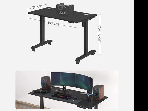 Rootz Desk - Electric Height-adjustable Desk - Electric Table - Dual Motor - Chipboard - Steel - Black - 70 x 140 x (73.5-119) cm (D x W x H)