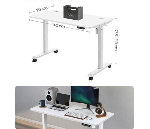 Rootz Desk - Electric Height-adjustable Desk - Electric Table - Dual Motor - Chipboard - Steel - White - 70 x 140 x (73.5-119) cm (D x W x H)