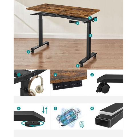 Rootz Desk - Electric Height-adjustable Desk - Electric Table - Chipboard - Steel - Vintage Brown Black - 60 x 120 x (71-117) cm (D x W x H)