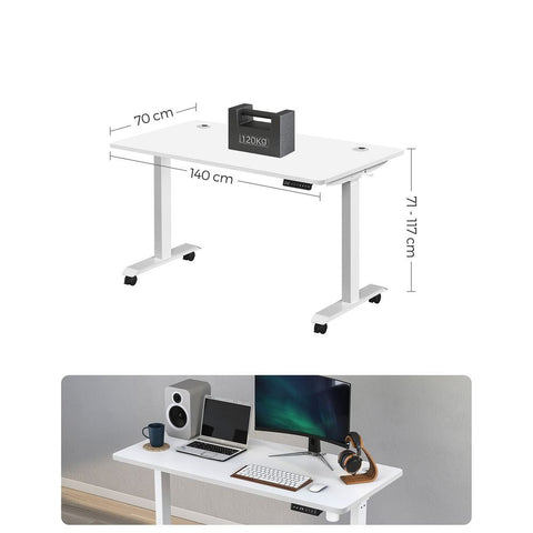 Rootz Desk - Electric Height-adjustable Desk - Electric Table - Chipboard - Steel - White - 60 x 120 x (71-117) cm (D x W x H)