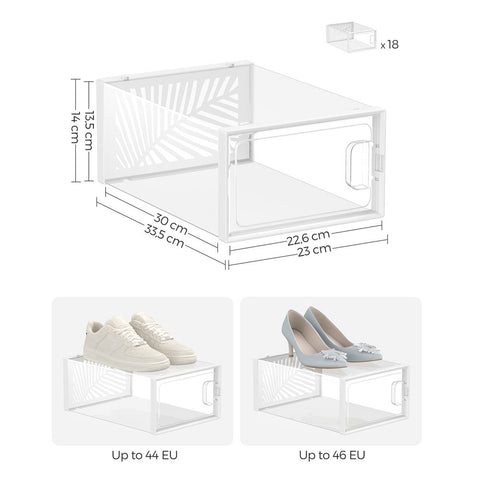Rootz Shoe Boxes - Set Of 18 Shoe Boxes - Shoe Storage Boxes - Plastic Shoe Organizers - Shoe Protectors - Transparent White - 33.5 x 23 x 14 cm