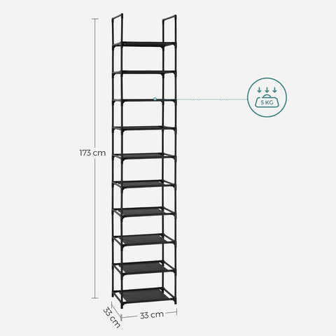 Rootz Shoe Rack With 10 Levels - Shoe rack with 10 tiers - 10-level shoe organizer - Vertical shoe storage unit - Space-saving shoe rack - Large capacity shoe shelf - Tall shoe stand with 10 levels - 33 X 33 X 173 Cm.