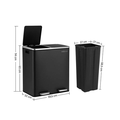 Rootz Trash Can - Trash Bin - Pedal Bin With 2 Compartments - Waste Separation System - With Foot Pedal - 2 Inner Bins - Kitchen Trash Can - Steel - Plastic - Black - 58.6 x 32 x 65 cm (L x W x H）