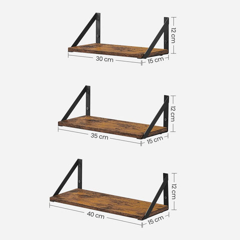 Rootz Wall Shelf - Set Of 3 Wall Shelf - Wall Shelf Unit - Decorative Wall Shelf - Wall Display Shelf - Maximum Load 5 Kg - Chipboard/Steel - Vintage Brown-Black