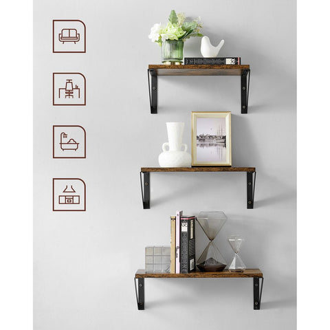 Rootz Wall Shelf - Set Of 3 Wall Shelf - Wall Shelf Unit - Decorative Wall Shelf - Wall Display Shelf - Maximum Load 5 Kg - Chipboard/Steel - Vintage Brown-Black