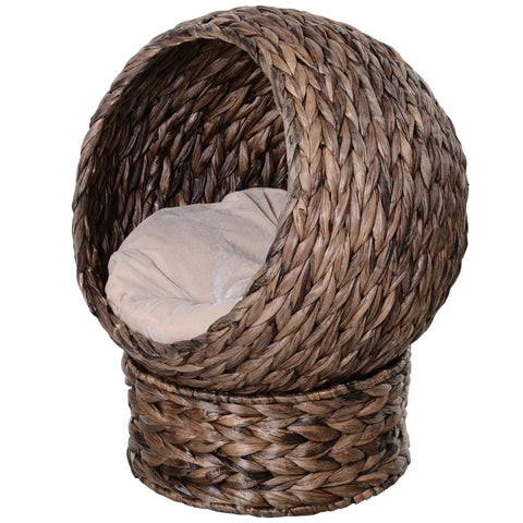 Rootz Water Hyacinth Cat Basket with Cushion - Cat Bed - Cat House - Pet Bed - Brown + Beige - 50cm x 42cm x 60cm