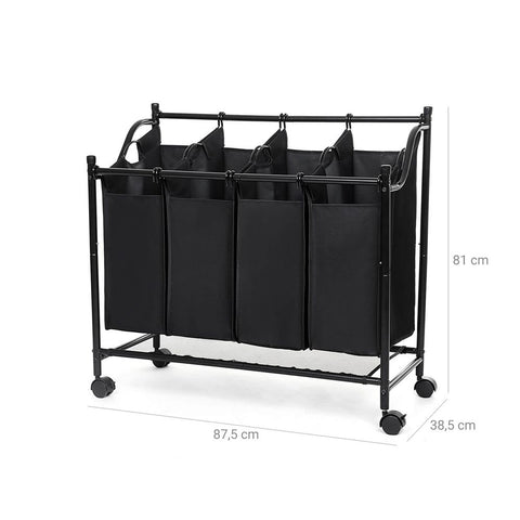 Rootz Laundry Basket On Wheels - 4 Pockets - Laundry Hamper - 4 Removable Fabric Bags - Rolling Laundry Hamper - 4-section Laundry Cart - 600D Polyester - Black - 44 x 10 x 33 cm (W x H x D)