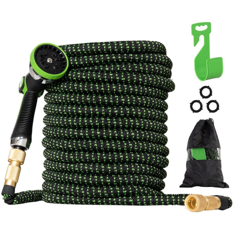 Rootz Flexible Garden Hose - 30 M With 10 Functions Spray Nozzle - Water Hose With 1/2 Inch - 3/4 Inch Connection Hose Stretchable For Car Wash - Green + Black