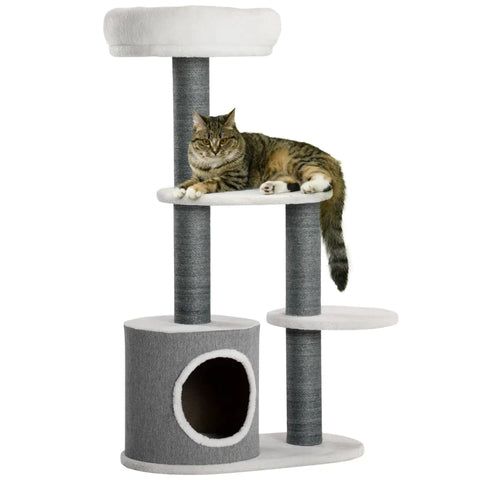 Rootz Scratching Post With 1 Cat Cave - 1 Cat Bed - 2 Platforms - Jute Rope Posts - Chipboard - Imitation Linen - White + Gray - 55.5L x 30.5W x 98H cm