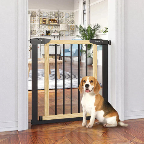 Rootz Dog Gate - Safety Gate For Dogs - Safety Gate - Automatic Closing - Without Drilling - Steel + Pine - Black - 82 x 2 x 74 cm
