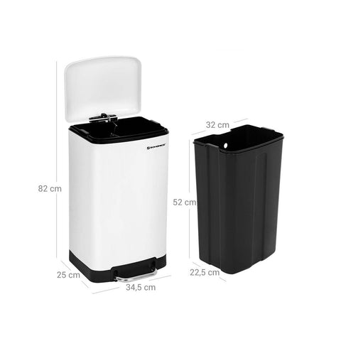 Rootz Trash Can - Trash Bin - Trash Can With Soft Close Function - Kitchen Trash Bin - Waste Bin - Stylish Kitchen Rubbish Bin - Steel - Plastic - White - 34 x 61.5 x 27.5 cm (W x H x D)