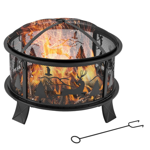 Rootz Fire Bowl - Outdoor Fire Bowl with Cover and Poker - Black - 60L x 60W x 46H cm
