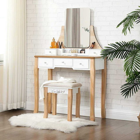 Rootz Dressing Table - Dressing Table With Rotating Mirror - Vanity Table - Makeup Table - Makeup Vanity - Dressing Table With Drawers - Dressing Table Set - MDF - White-natural - 80 x 40 x 137.5 cm (L x W x H)