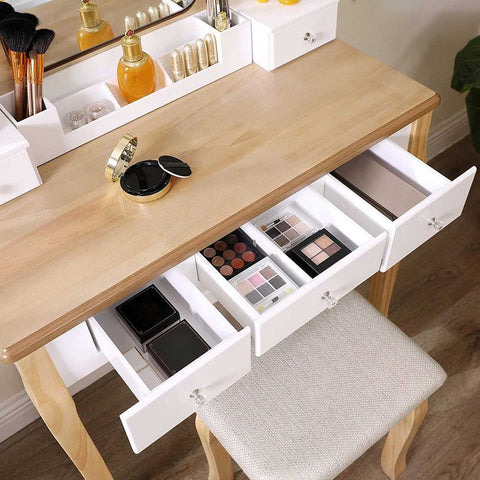 Rootz Dressing Table - Dressing Table With Rotating Mirror - Vanity Table - Makeup Table - Makeup Vanity - Dressing Table With Drawers - Dressing Table Set - MDF - White-natural - 80 x 40 x 137.5 cm (L x W x H)
