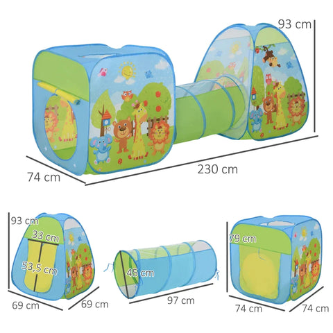 Rootz Children's play Tent - Baby Tent - 3-piece Play Tent - Children's Tent Tunnel - Easy Set-up Kids Tent - Foldable Polyester Tent - Colorful - 230 X 74 X 93 Cm