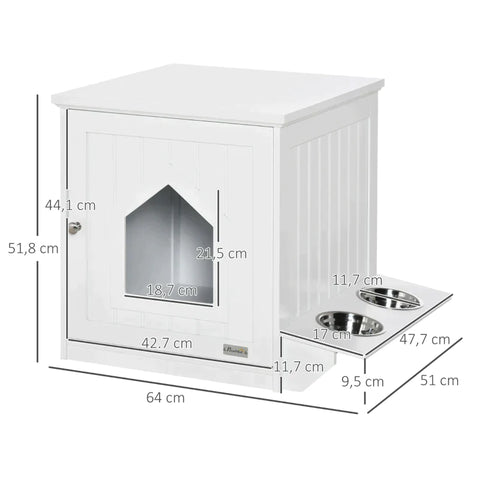 Rootz Litter Box - Cat House - Cat Cabinet - Litter Cat Box - Feeding Bowls - Magnetic Door - White - MDF - 64L x 51W x 51.8H cm
