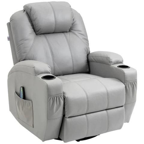 Rootz Massage Chair - Footrest - 2 Cup Holders - 8 Vibration Points - 5 Modes - Including Remote Control - Faux Leather - Light Gray - 89L x 99W x 106Hcm
