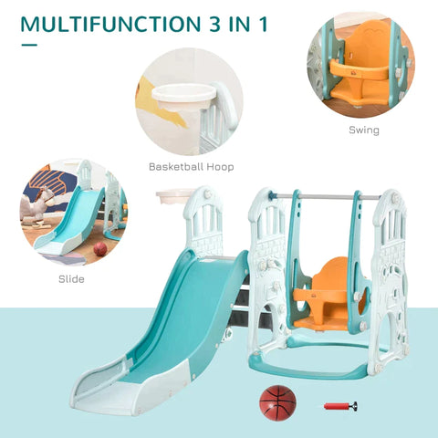 Rootz 3 In 1 Kid Slide And Swing Set - Play Station - Swing & Basketball Hoop - Indoor - Outdoor - Blue/Green/Yellow - 149 x 186 x 98 cm