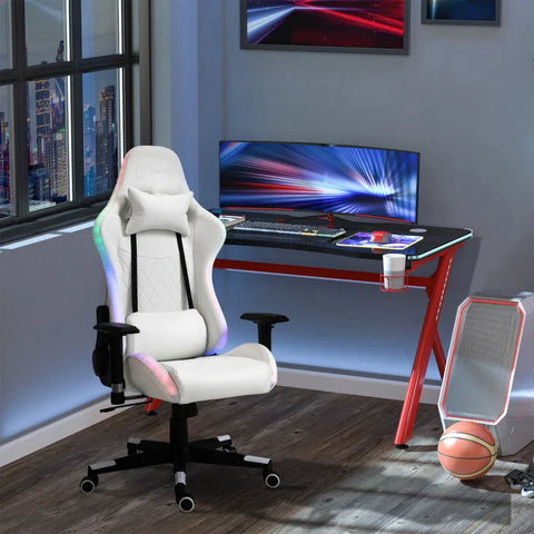 Rootz Gaming Chair With Rgb Led Lighting - Ergonomic Office Chair - Swivel Chair With Cushion - Adjustable Backrest - Faux Leather - White + Black - 68 x 68 x 126-136 cm