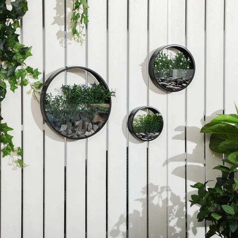 Rootz Wall Planters - Set Of 3 - Stackable - Outdoor Planters - Plant Wall Shelf - Steel+acrylic - Black